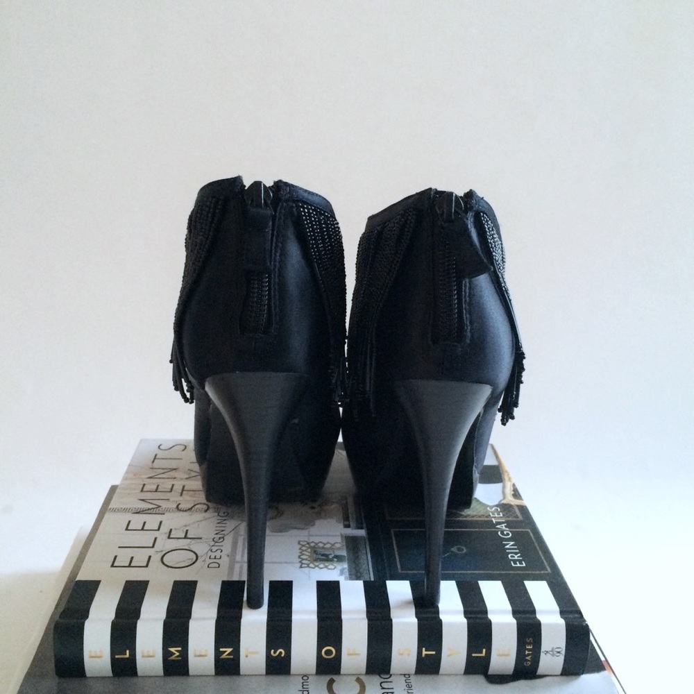 Black Satin BCBG PlatformBooties w/ Beaded Fringe - Picture 4 of 4